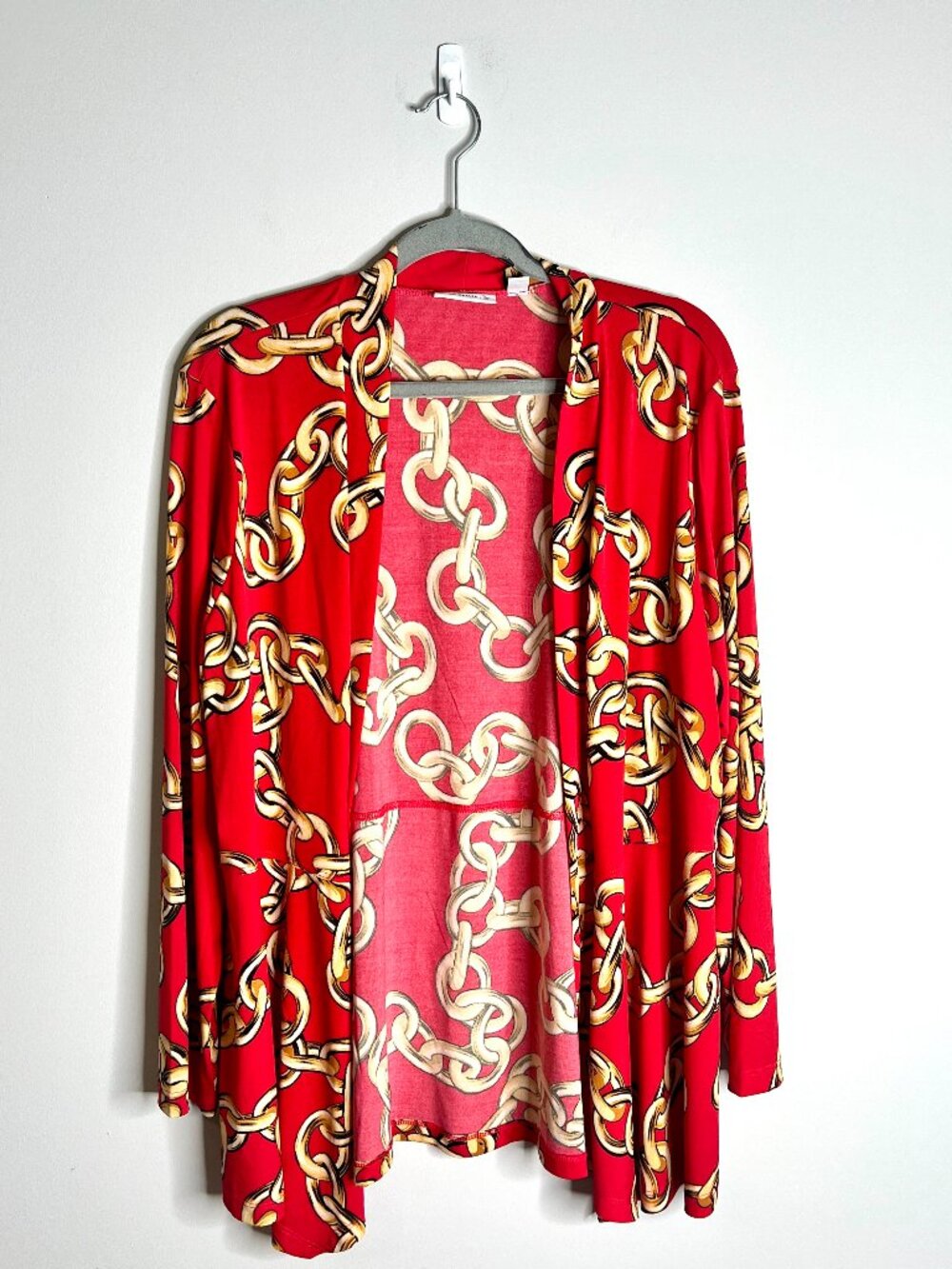 Susan Graver Liquid Knit Red Chain Print Open Front Duster Cardigan Sz Large